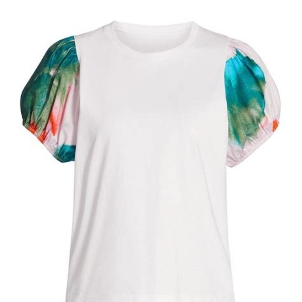 Tanya Taylor 3X White Tee Elevated T Shirt Watercolor Puff Sleeve Organic Cotton